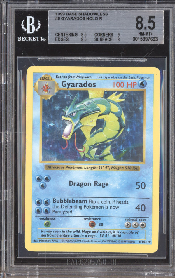 Gyarados 1999 Pokemon Base Set 6/102 Shadowless Holo BGS 8.5 ASR