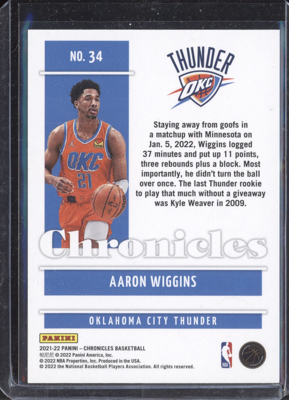 Aaron Wiggins 2021-22 Panini Chronicles 34 75th Anniversary RC 46/75