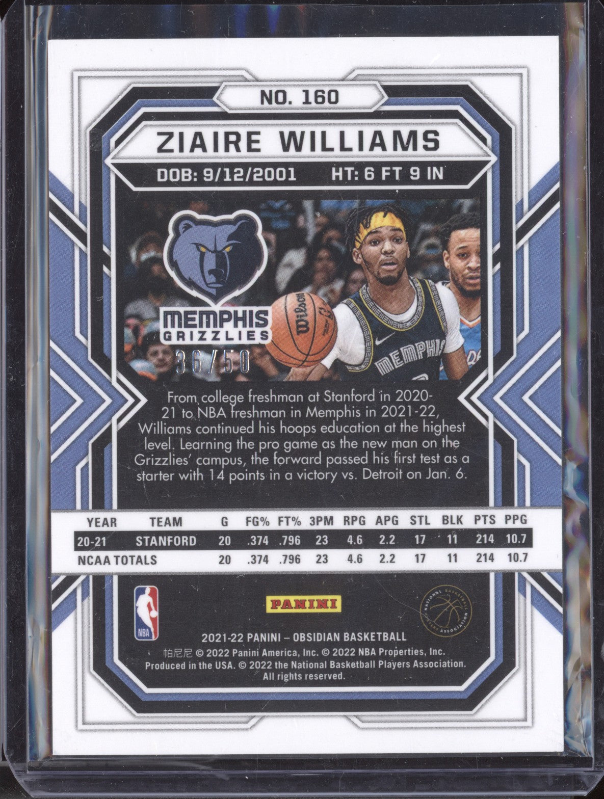 Ziaire Williams 2021-22 Panini Obsidian 160 Orange RC 36/50