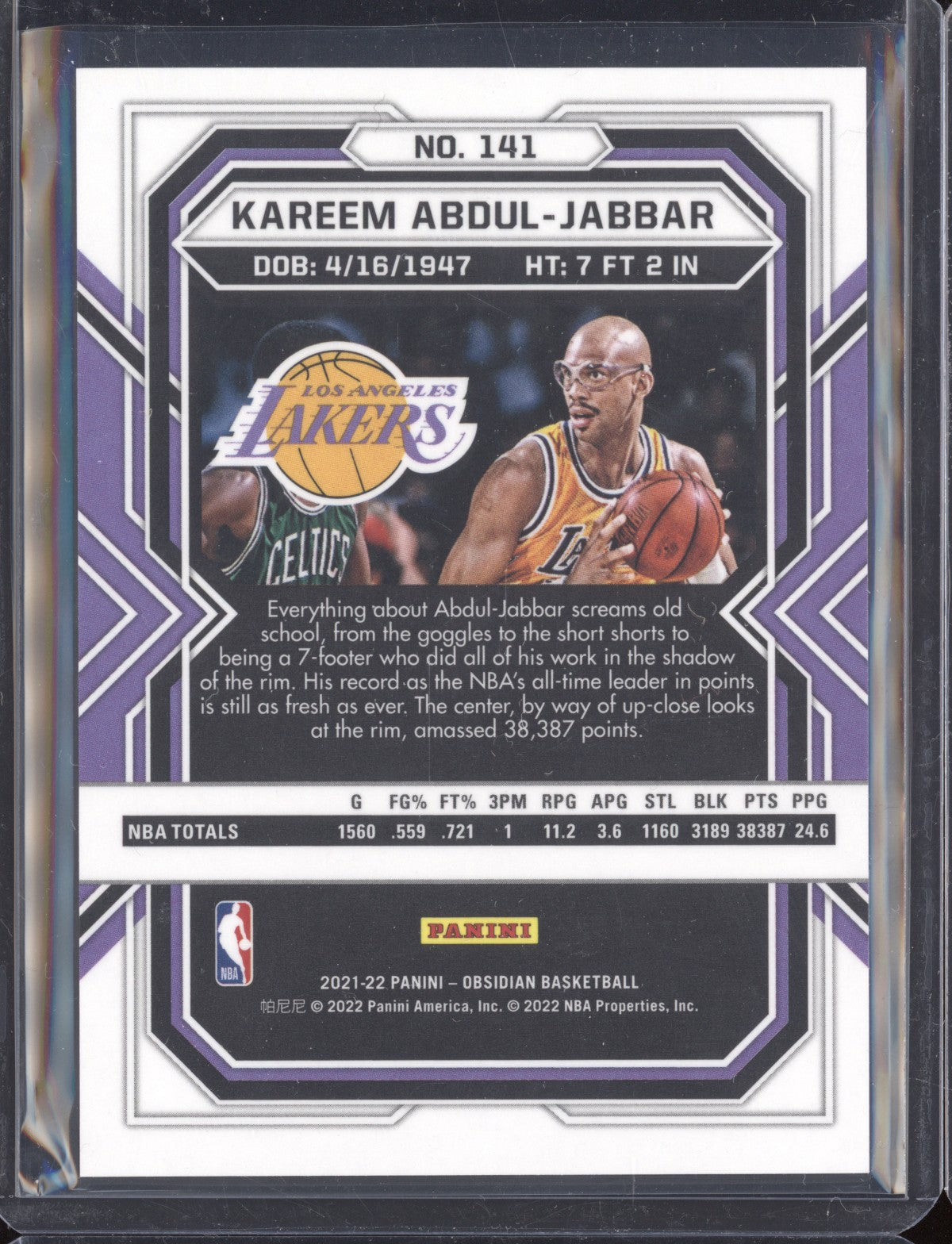 Kareem Abdul Jabbar Lakers jersey patch card 22/25 Panini Select