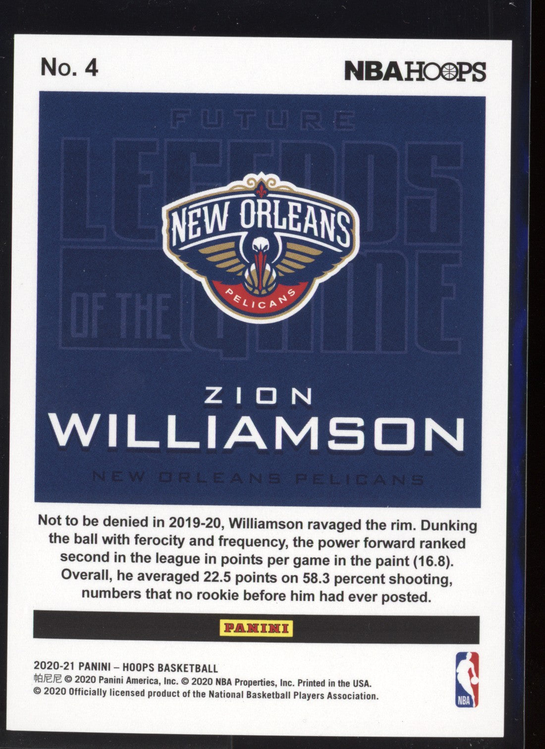 Zion Williamson 2020/21 Panini Hoops Future Legends of the Game 571/999