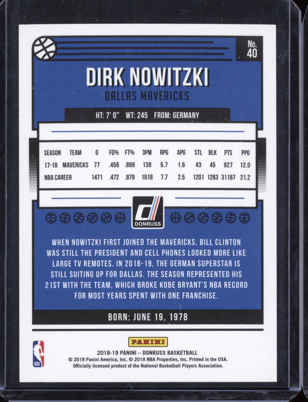 Dirk Nowitzki 2018/19 Panini Donruss Press Proof Purple 36/199