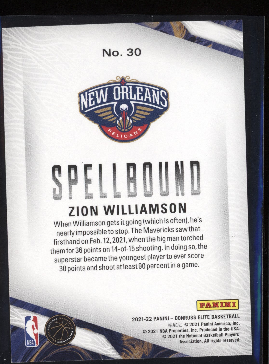 Zion Williamson 2021-22 Panini Donruss Elite Spellbound