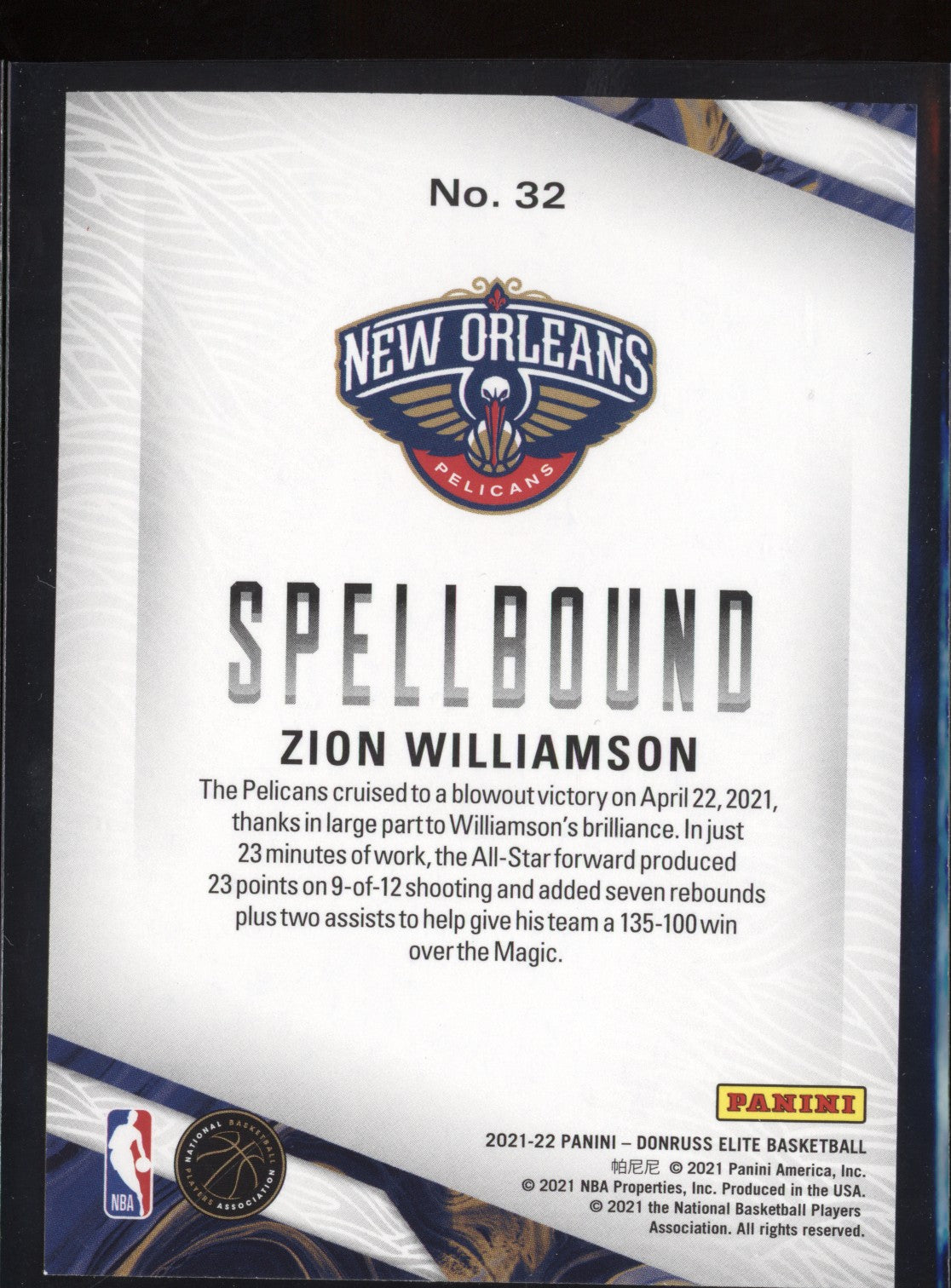 Zion Williamson 2021-22 Panini Donruss Elite Spellbound