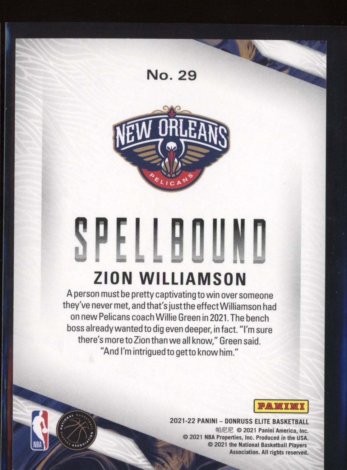 Zion Williamson 2021-22 Panini Donruss Elite Spellbound