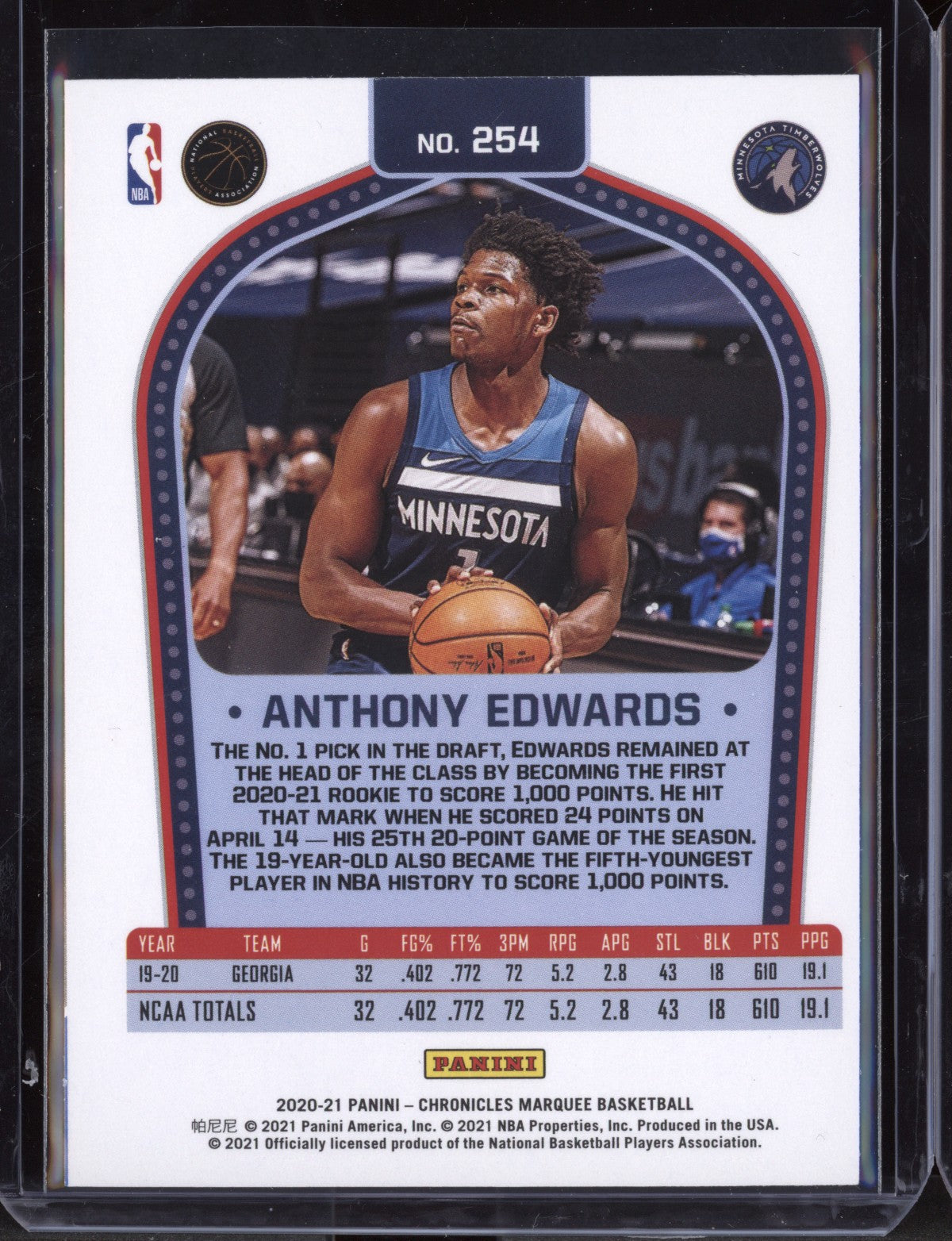 Anthony Edwards 2020-21 Panini Chronicles Marquee RC