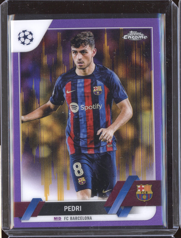 Pedri 2022-23 Topps Chrome UEFA Club 136 Purple & Gold Seismic