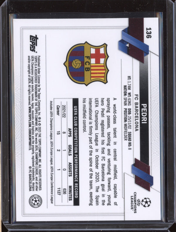 Pedri 2022-23 Topps Chrome UEFA Club 136 Purple & Gold Seismic