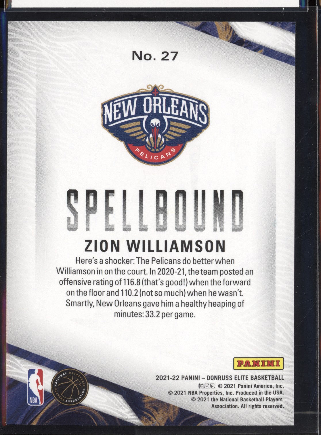 Zion Williamson 2021-22 Panini Donruss Elite Spellbound