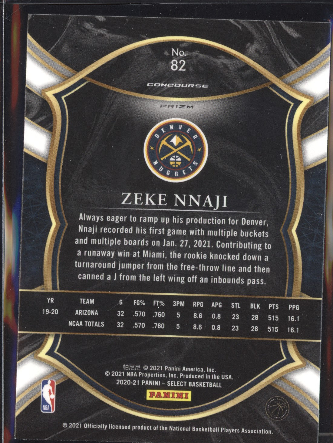 Zeke Nnaji 2020-21 Panini Select 82 Concourse Red White Green Ice RC