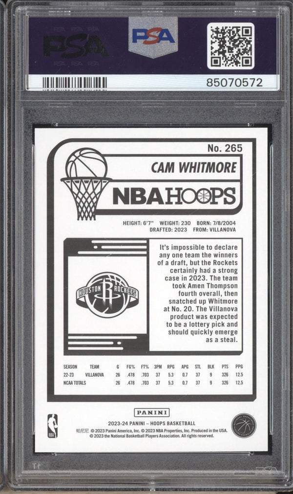 Cam Whitmore 2023-24 Panini Hoops 265 RC 11/75 PSA 9