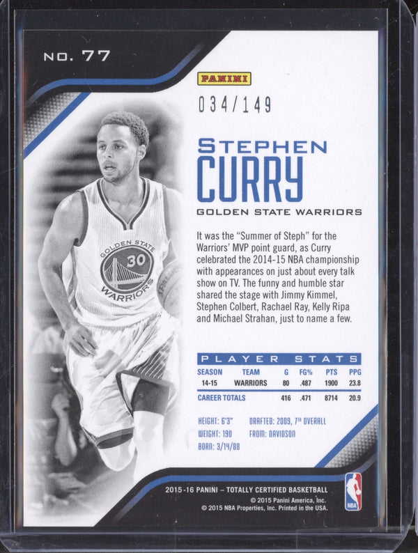 Stephen Curry 2015-16 Panini Totally Certified 77 Mirror Red 34/149