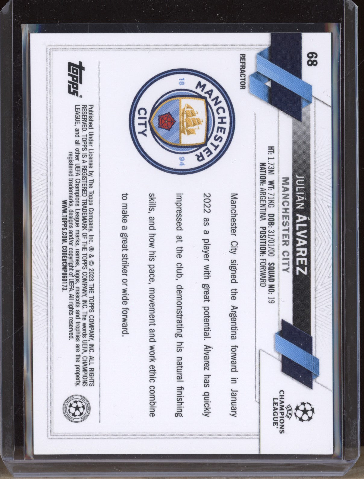 Julian Alvarez 2022-23 Topps Chrome UEFA Club 68 Refractor RC