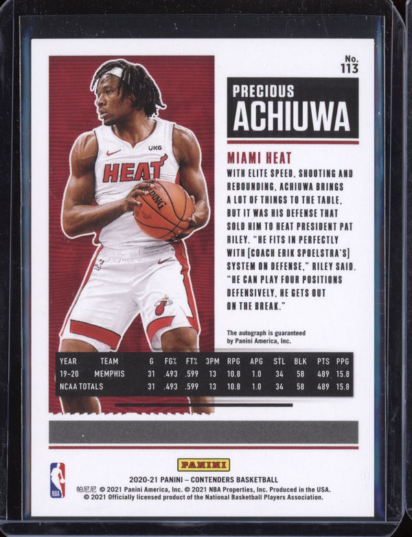 Precious Achiuwa 2020/21 Panini Contenders Playoff Ticket Auto RC 37/99