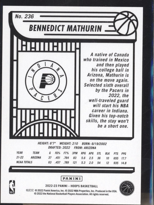 Bennedict Mathurin 2022-23 Panini Hoops 236 RC