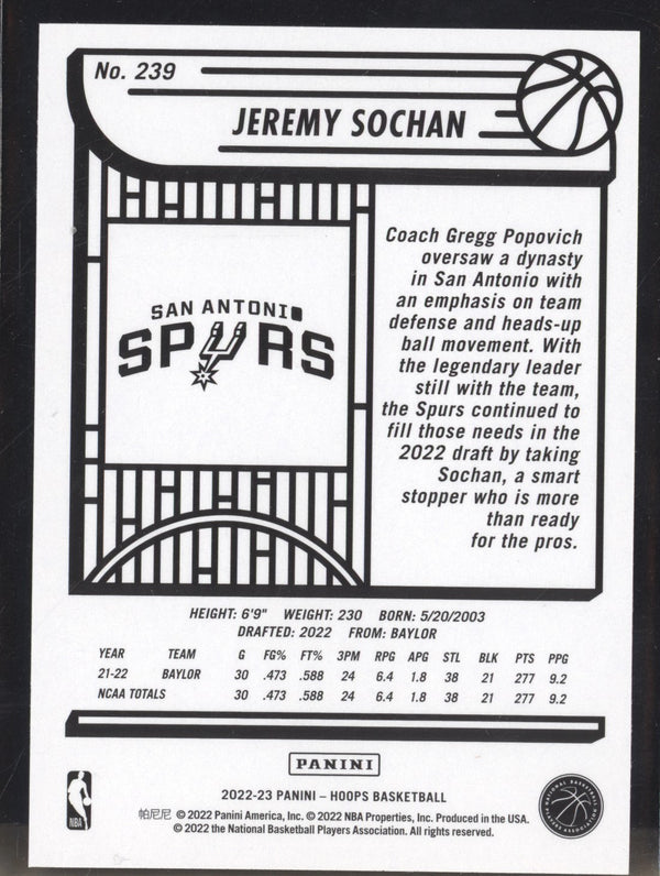 Jeremy Sochan 2022-23 Panini Hoops 239 RC