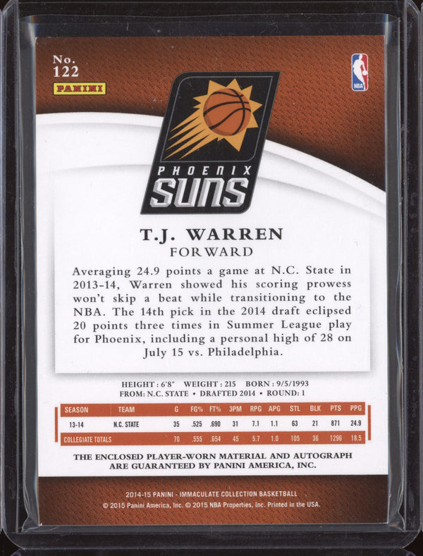 T.J. Warren 2014-15 Panini Immaculate 122 Rookie Patch Auto RC 73/99