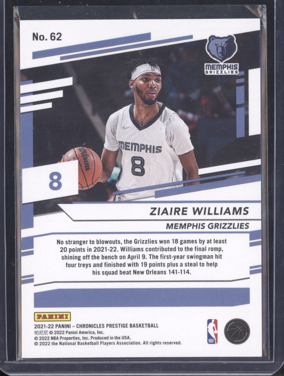 Ziaire Williams 2021-22 Panini Chronicles 62 Prestige Blue RC 91/99