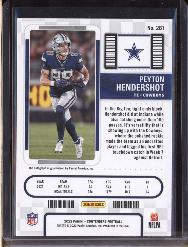 Peyton Hendershot 2022 Panini Contenders 281 Rookie Ticket Auto RC