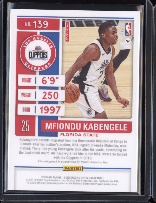 Mfiondu Kabengele 2019-20 Panini Contenders Optic Rookie Ticket Auto RC