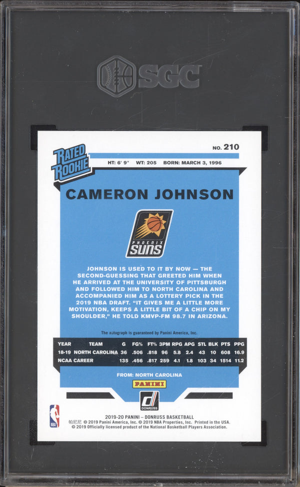 Cameron Johnson 2019-20 Panini Donruss 210 Auto Gold Press Proof RC 9/10 SGC 10/10