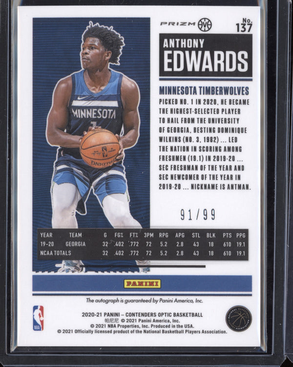 Anthony Edwards 2020-21 Panini Contenders Optic Rookie Ticket Auto Red Variation RC 91/99