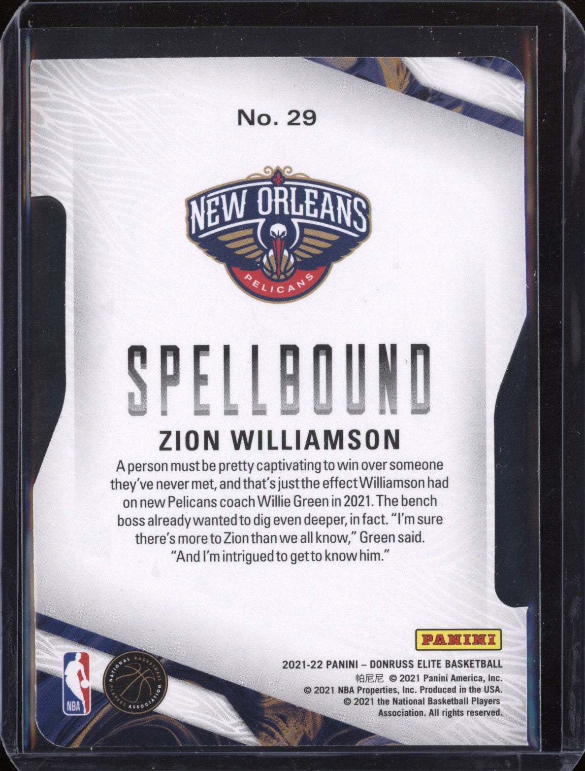 Zion Williamson 2021/22 Panini Elite Spellbound Orange Die-Cut