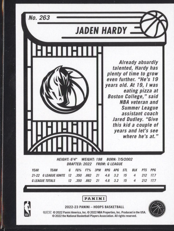 Jaden Hardy 2022-23 Panini Hoops 263 RC