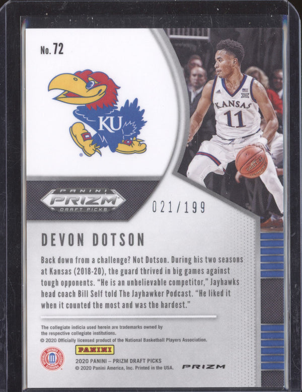 Devon Dotson 2020-21 Panini Prizm Draft Picks 72 Blue RC 21/199