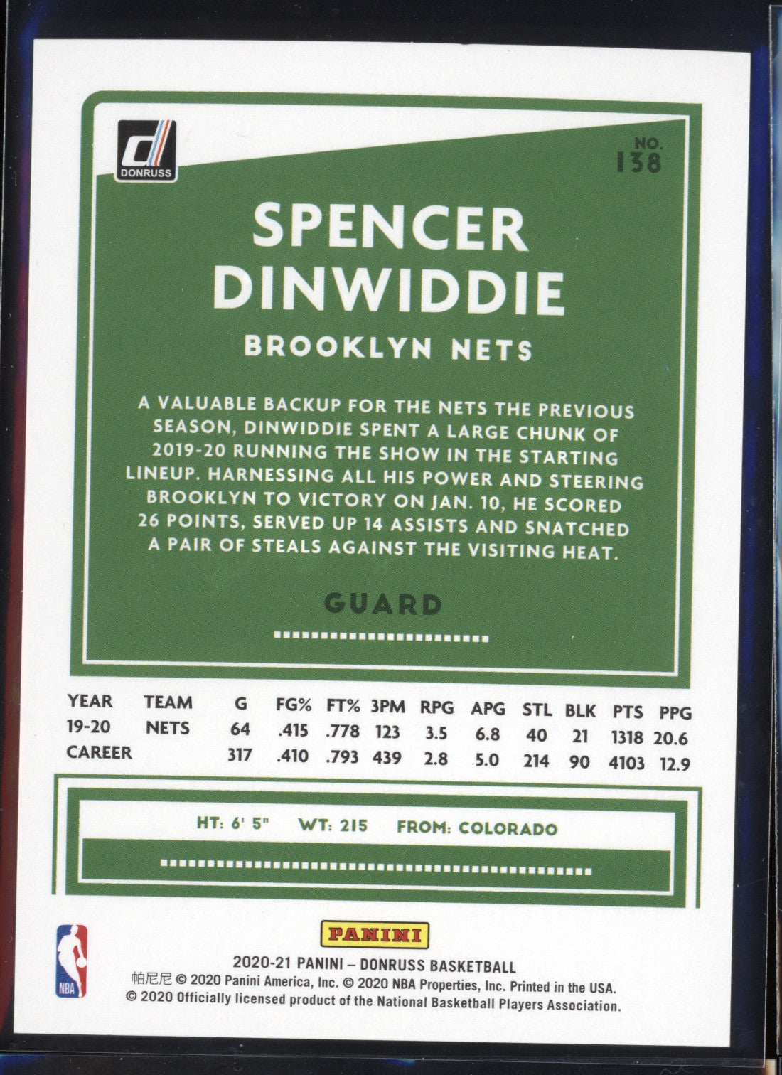 Spencer Dinwiddie 2020/21 Panini Donruss Choice Blue 42/49 - The Hobby