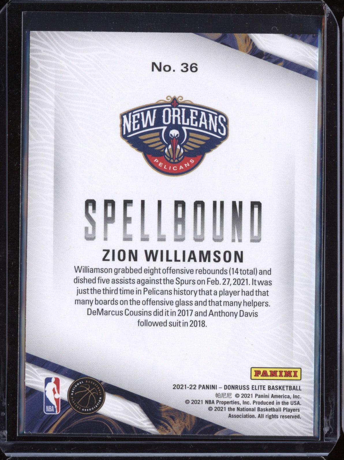 Zion Williamson 2021/22 Panini Donruss Elite Spellbound