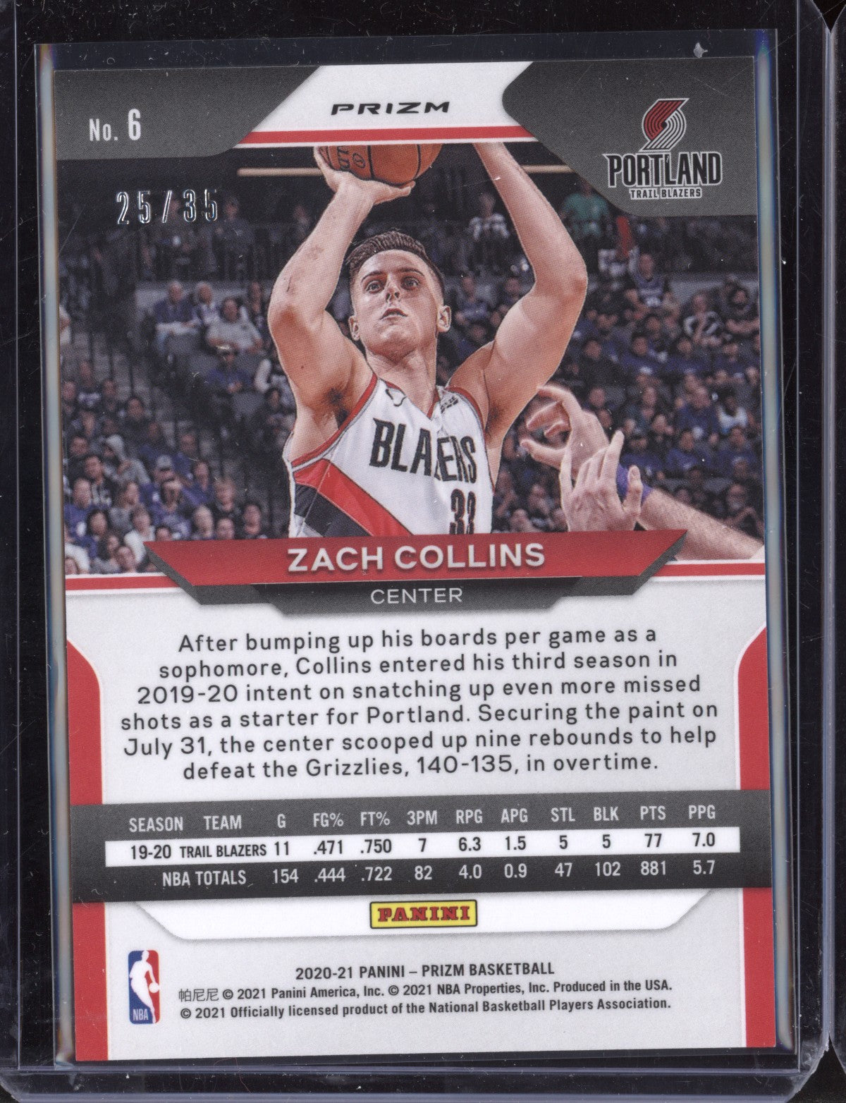 Zach Collins 2020-21 Panini Prizm Blue Shimmer 25/35