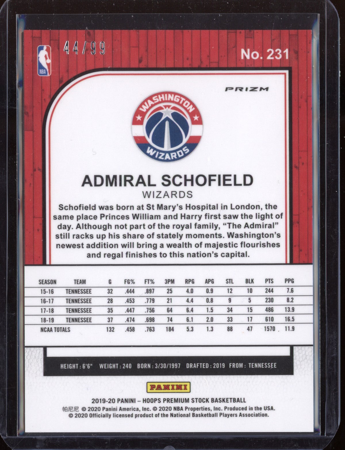 Admiral Schofield 2019-20 Panini Hoops Premium Stock Green Shock Prizm RC 44/99