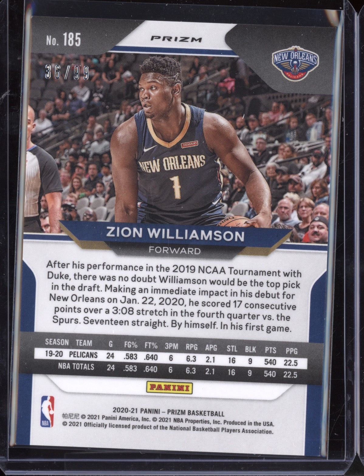 Zion Williamson 2020-21 Panini Prizm Purple 36/99