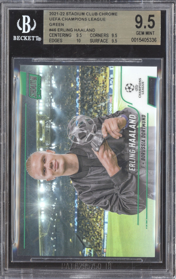 Erling Haaland 2021-22 Topps Stadium Club Chrome UCL 46 Green 102/150 BGS 9.5