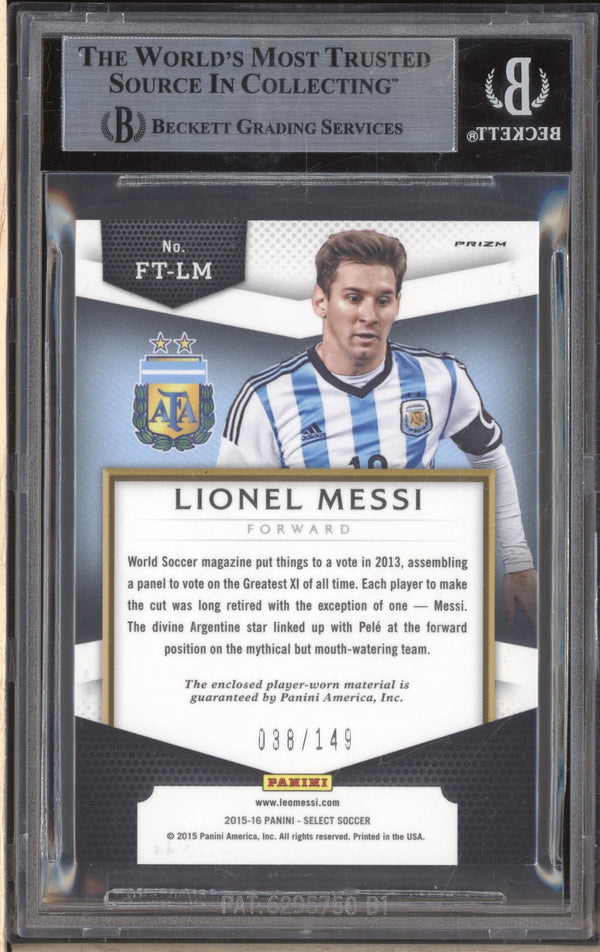 Lionel Messi 2015-16 Panini Select Soccer 3 First Team Swatches Jersey Orange 38/149 BGS 9