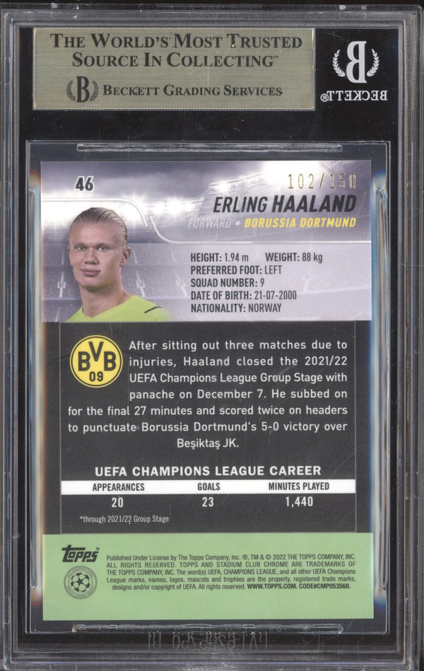 Erling Haaland 2021-22 Topps Stadium Club Chrome UCL 46 Green 102/150 BGS 9.5