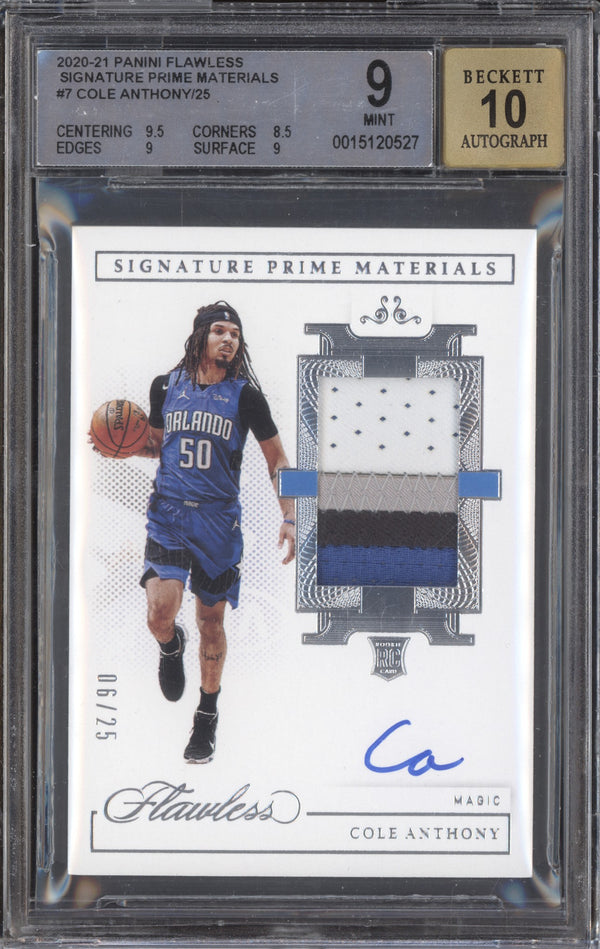 Cole Anthony 2020-21 Panini Flawless SPM-COL Signature Prime Materials RC 06/25 BGS 9-10