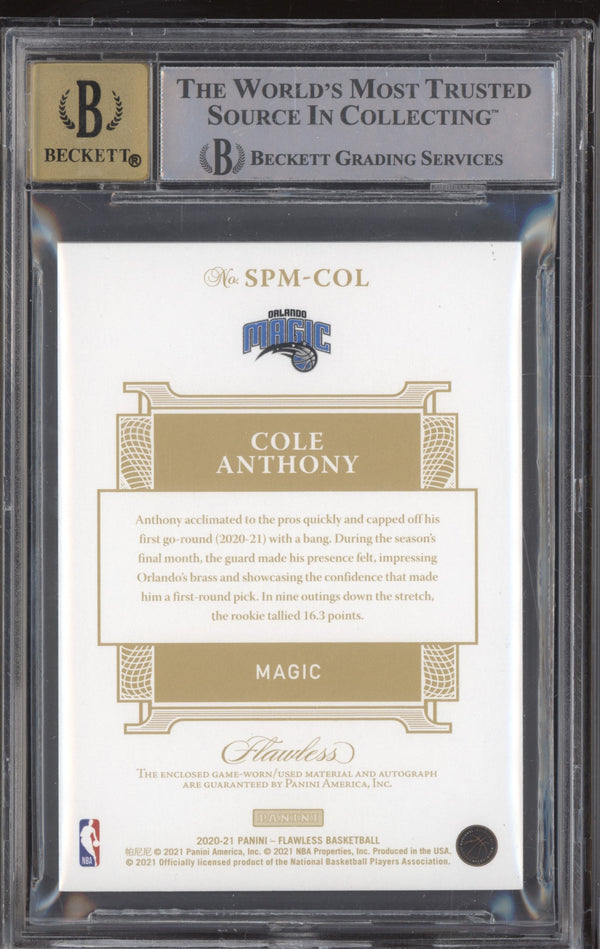 Cole Anthony 2020-21 Panini Flawless SPM-COL Signature Prime Materials RC 06/25 BGS 9-10