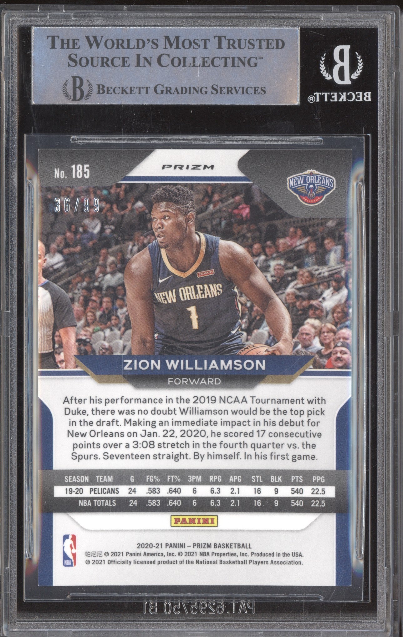 Zion Williamson 2020-21 Panini Prizm 185 Purple 36/99 BGS 9