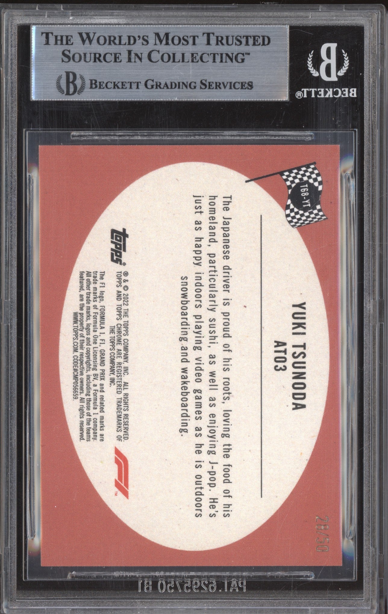 Yuki Tsunoda 2022 Topps Chrome Formula 1 T68-YT 1968 Topps Hot Rods Gold 28/50 BGS 9