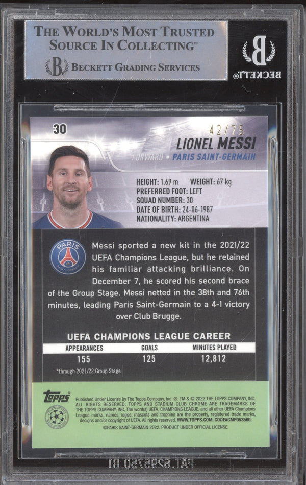 Lionel Messi 2021-22 Topps Stadium Club Chrome UCL 30 Sepia 42/75 BGS 9