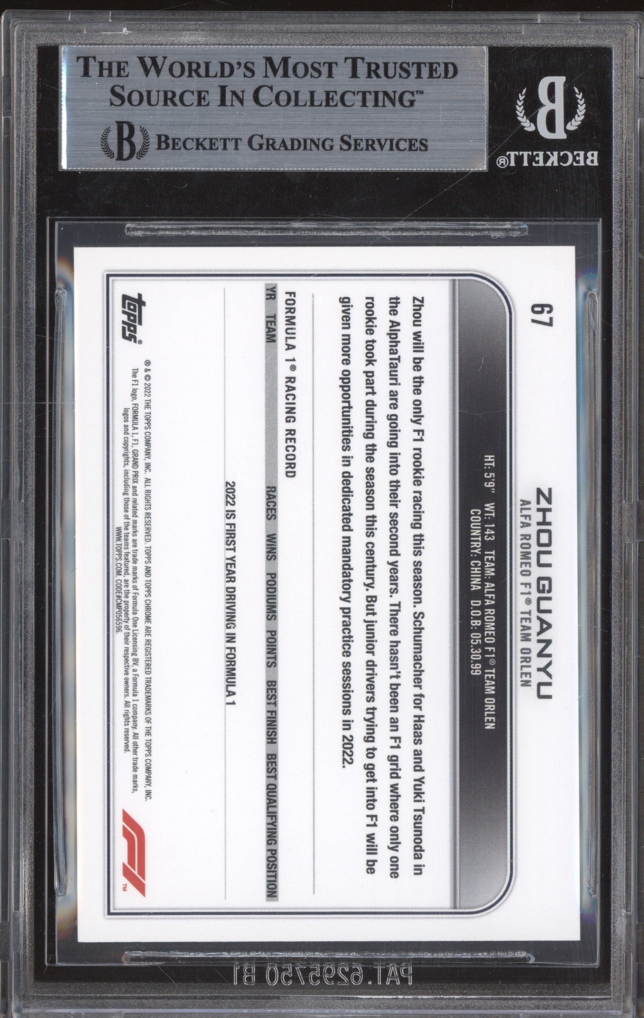 Zhou Guanyu 2022 Topps Chrome Formula 1 67 Red Green BGS 9