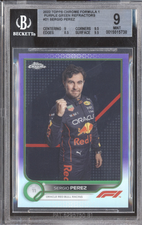 Sergio Perez 2022 Topps Chrome Formula 1 21 Purple Green BGS 9