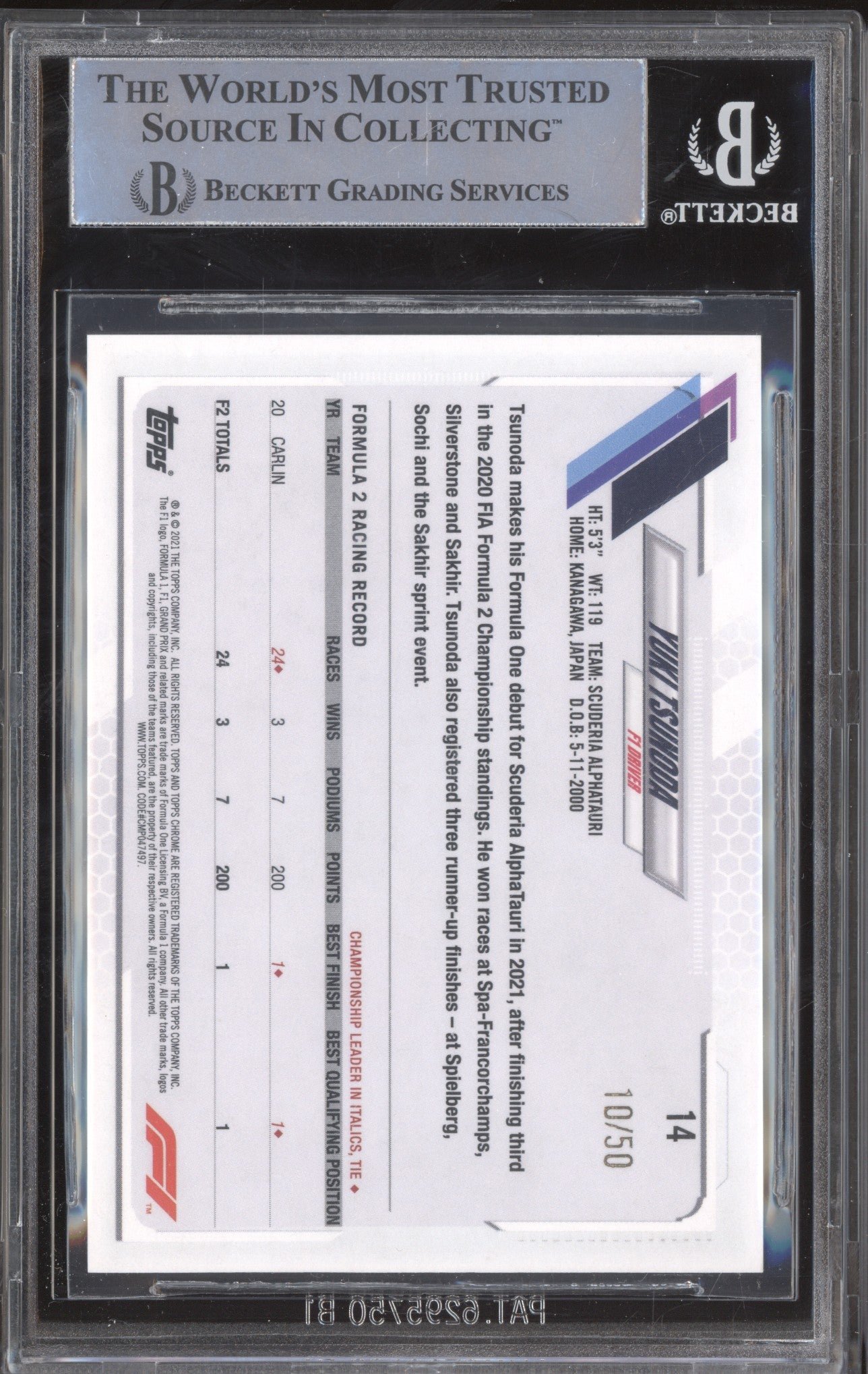 Yuki Tsunoda 2021 Topps Chrome Formula One 14 Gold RC 10/50 BGS 9