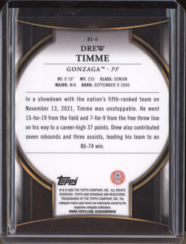 Drew Timme 2022-23 Bowman University Chrome BI-6 Invicta RC