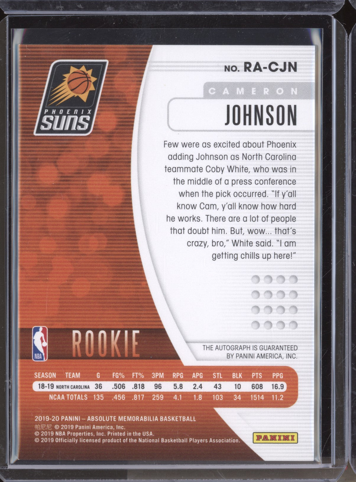 Cameron Johnson 2019-20 Panini Absolute RA-CJN Rookie Auto Red RC ...