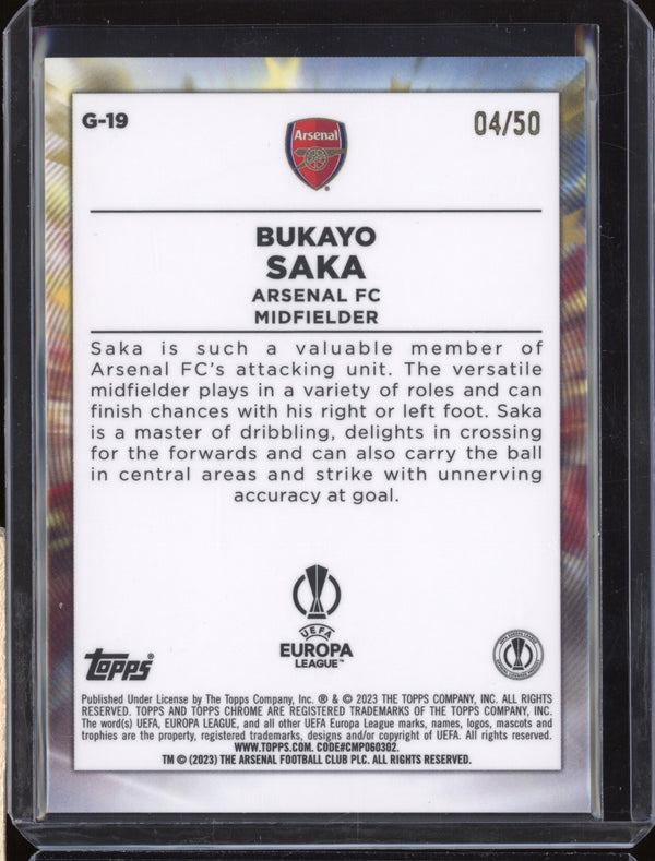 Bukayo Saka 2022-23 Topps Chrome UEFA G-19 Golazo Gold 4/50