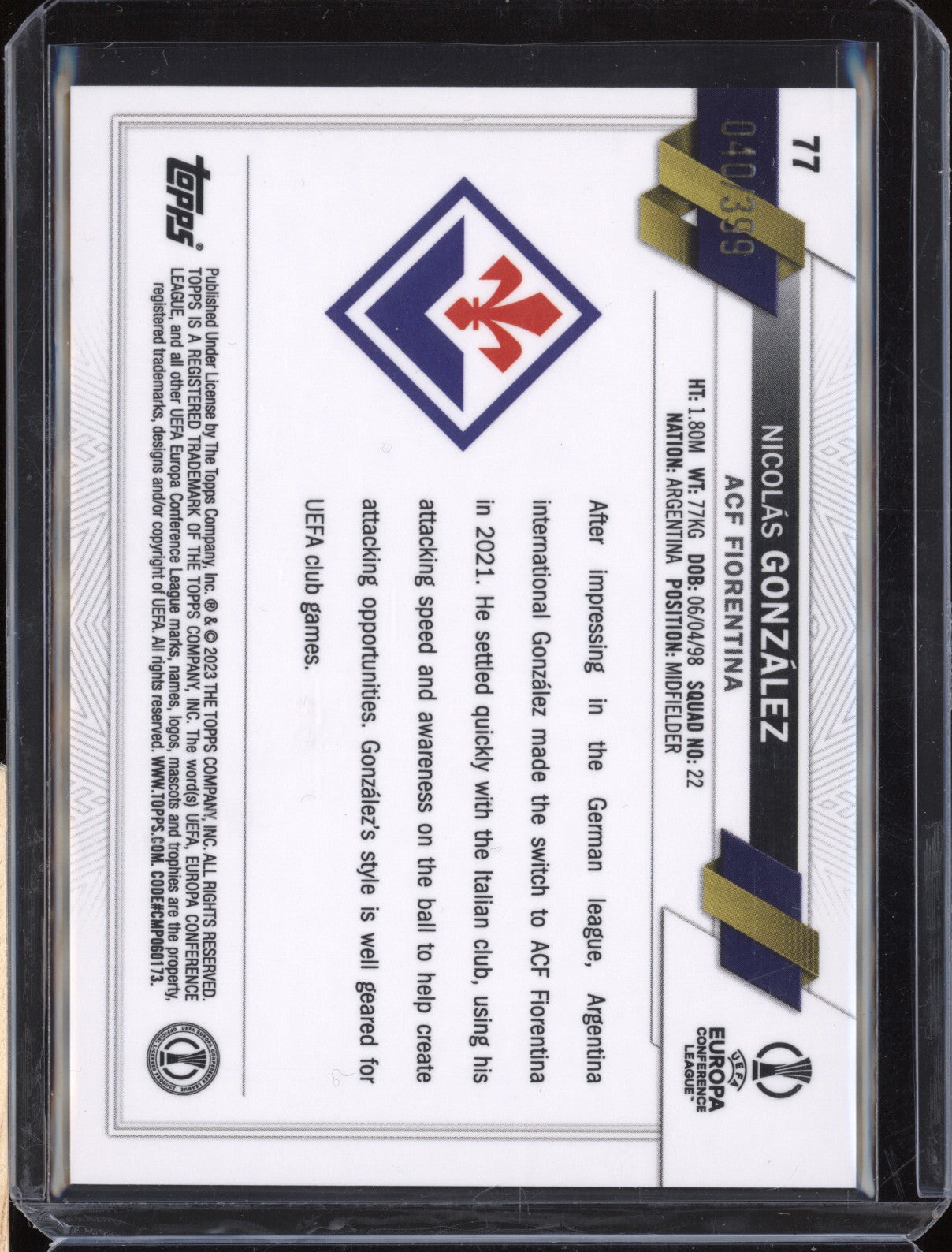 Nicolas Gonzalez 2022-23 Topps Chrome UEFA 77 Neon Green X-Fractor 40/399