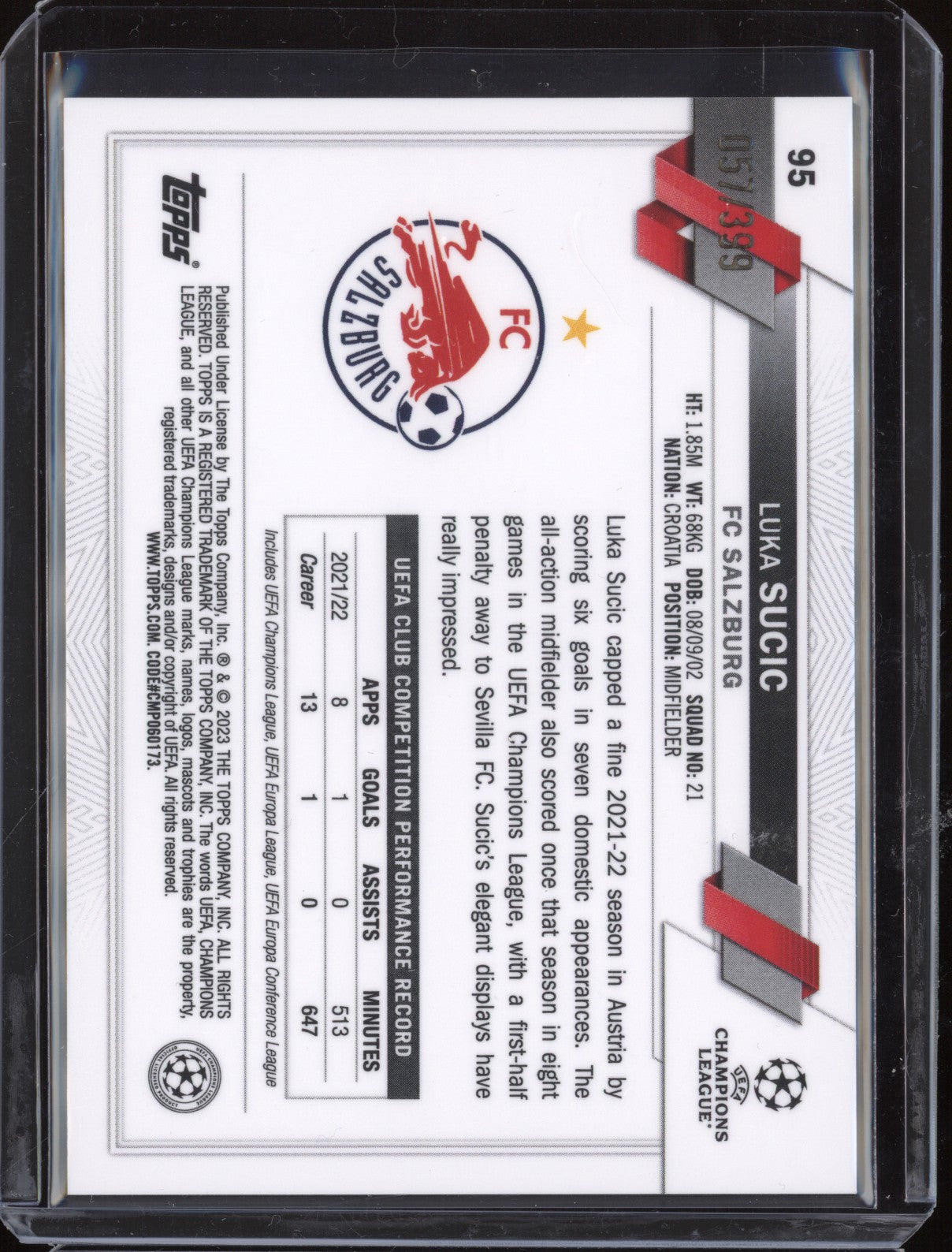 Luka Sukic 2022-23 Topps Chrome UEFA 95 Neon Green X-Fractor 57/399